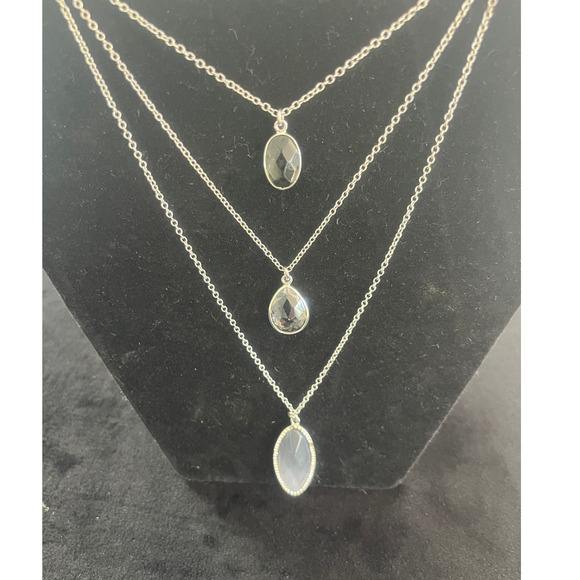 LOFT Signed Three Tier Silvertone Necklace with Teardrop Gems - Picture 2 of 4